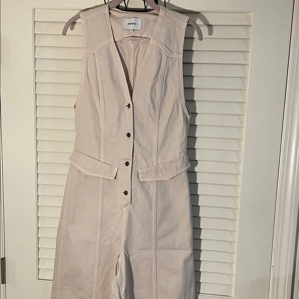 Nanushka Cream Cotton Denim Sleeveless Metal Button Down Wide Leg Jumpsuit